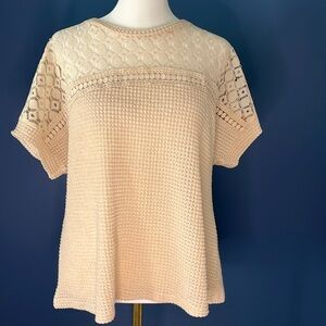 Charming Charlie, lacy crochet top, light tan, lightweight sweater, short sleeve
